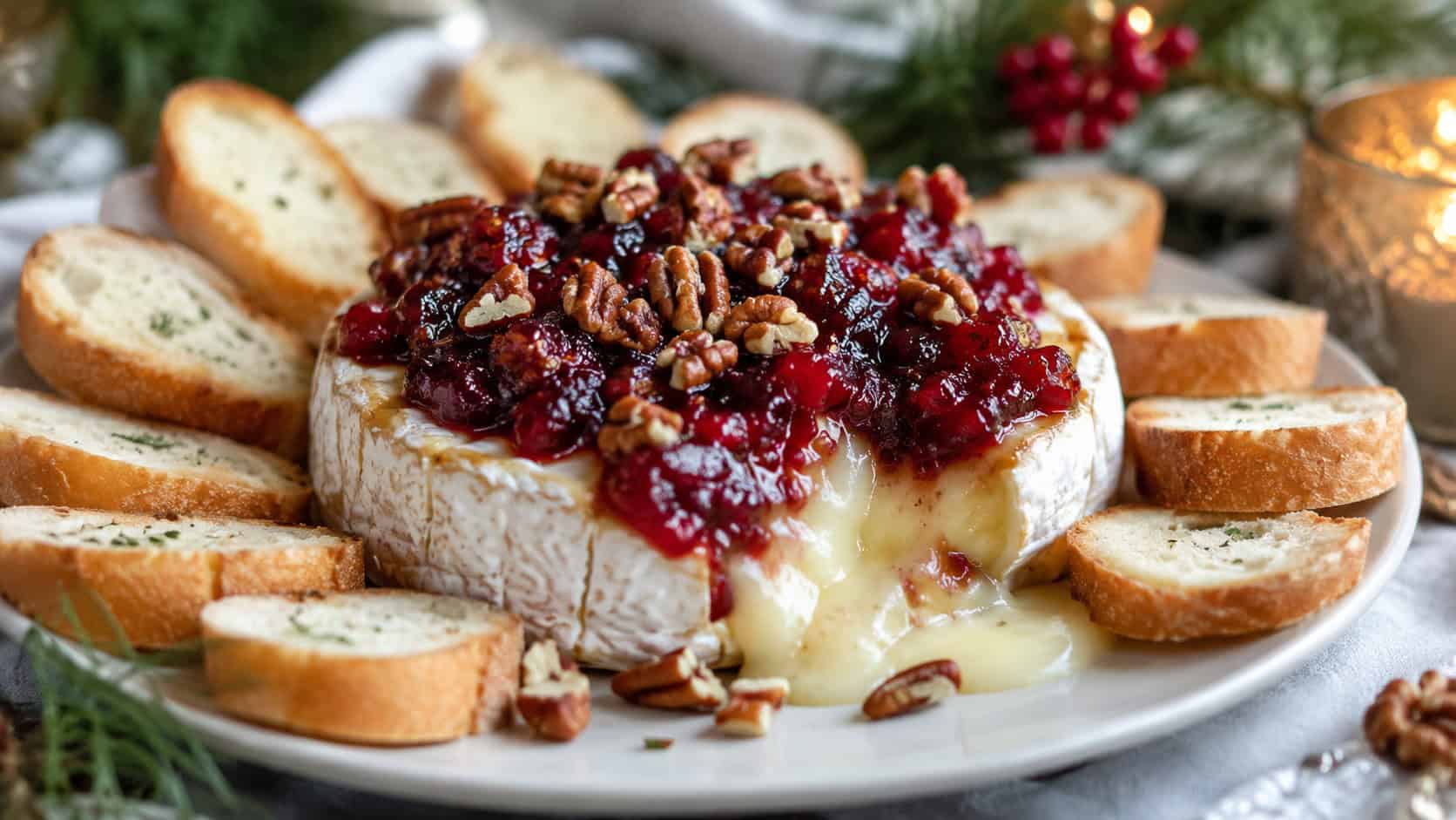 a baked wheel of brie topped with glossy red cranberry chutney and pecans in a wide horizontal shot, oozing slightly, sliced baguette fanned around it on a festive table, natural light, shallow depth of field, landscape orientation