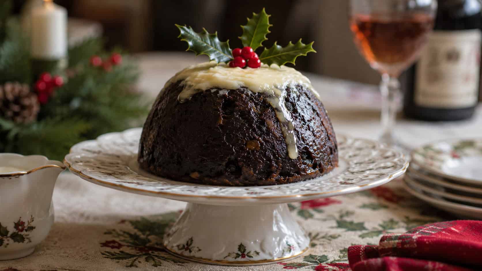 a dark domed Christmas pudding topped with melting brandy butter and a sprig of holly in a wide horizontal shot, on a festive cake stand on a holiday table, natural light, shallow depth of field, landscape orientation