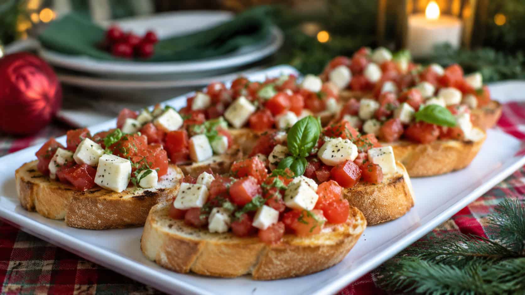 festive bruschetta with red diced tomatoes, green basil, and white mozzarella on golden toasted baguette slices in a wide horizontal shot, arranged on a platter on a holiday table, natural light, shallow depth of field, landscape orientation