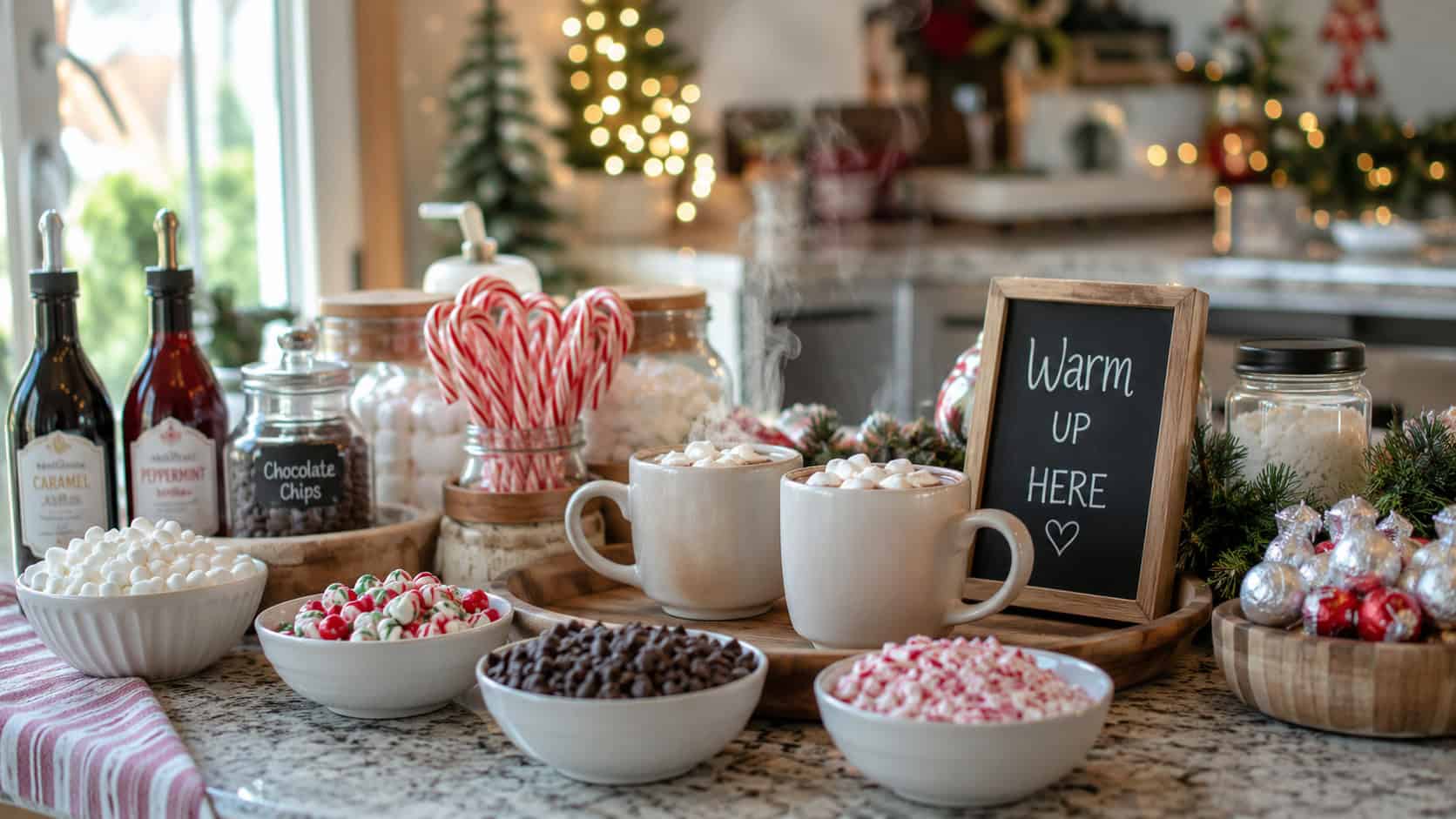a festive hot cocoa bar with steaming mugs, candy canes, marshmallows, and bowls of toppings in a wide horizontal shot, on a decorated kitchen counter with greenery and lights blurred behind, natural light, shallow depth of field, landscape orientation
