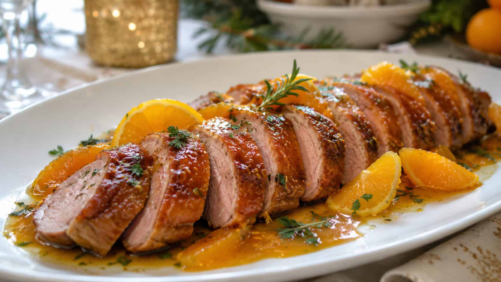 sliced orange-glazed duck breast with crispy skin and a glossy orange sauce in a wide horizontal shot, fanned on a white plate with orange segments and herbs, festive table, natural light, shallow depth of field, landscape orientation