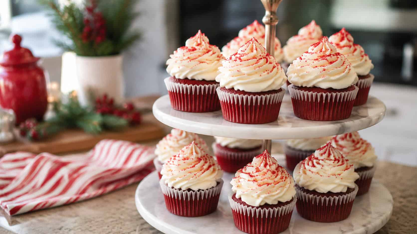 red velvet cupcakes with tall swirls of white cream cheese frosting and festive red sprinkles in a wide horizontal shot, on a tiered stand on a festive kitchen counter, natural light, shallow depth of field, landscape orientation