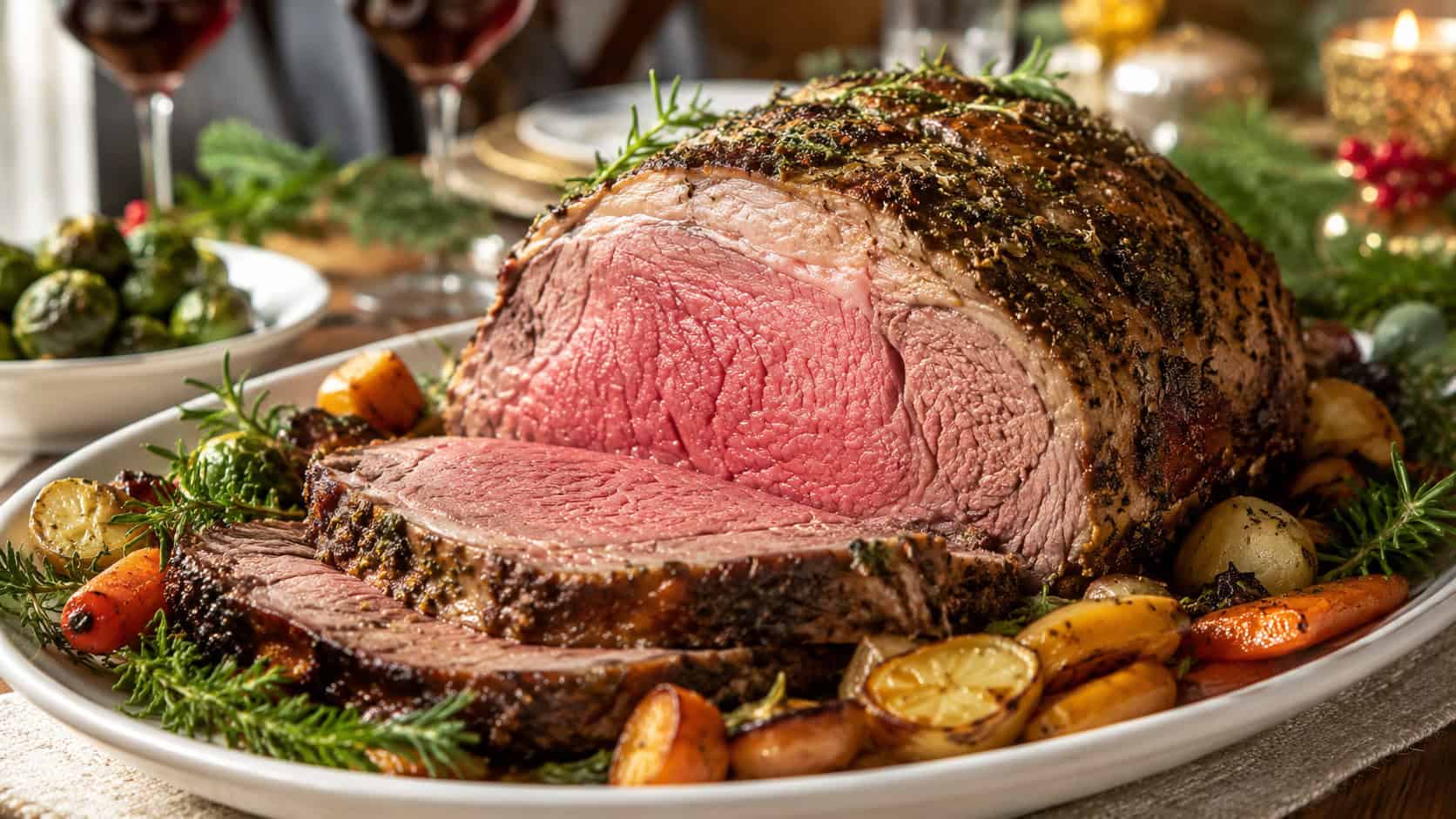a sliced herb-crusted prime rib roast showing a rosy pink center and golden herb crust in a wide horizontal shot, on a platter with rosemary and roasted vegetables, festive holiday table, natural light, shallow depth of field, landscape orientation