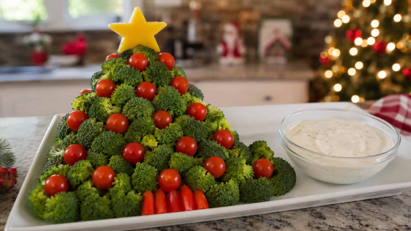 a Christmas tree shaped vegetable platter with green broccoli, red cherry tomatoes, and a yellow pepper star in a wide horizontal shot, bowl of creamy dip beside it on a festive kitchen counter, natural light, shallow depth of field, landscape orientation