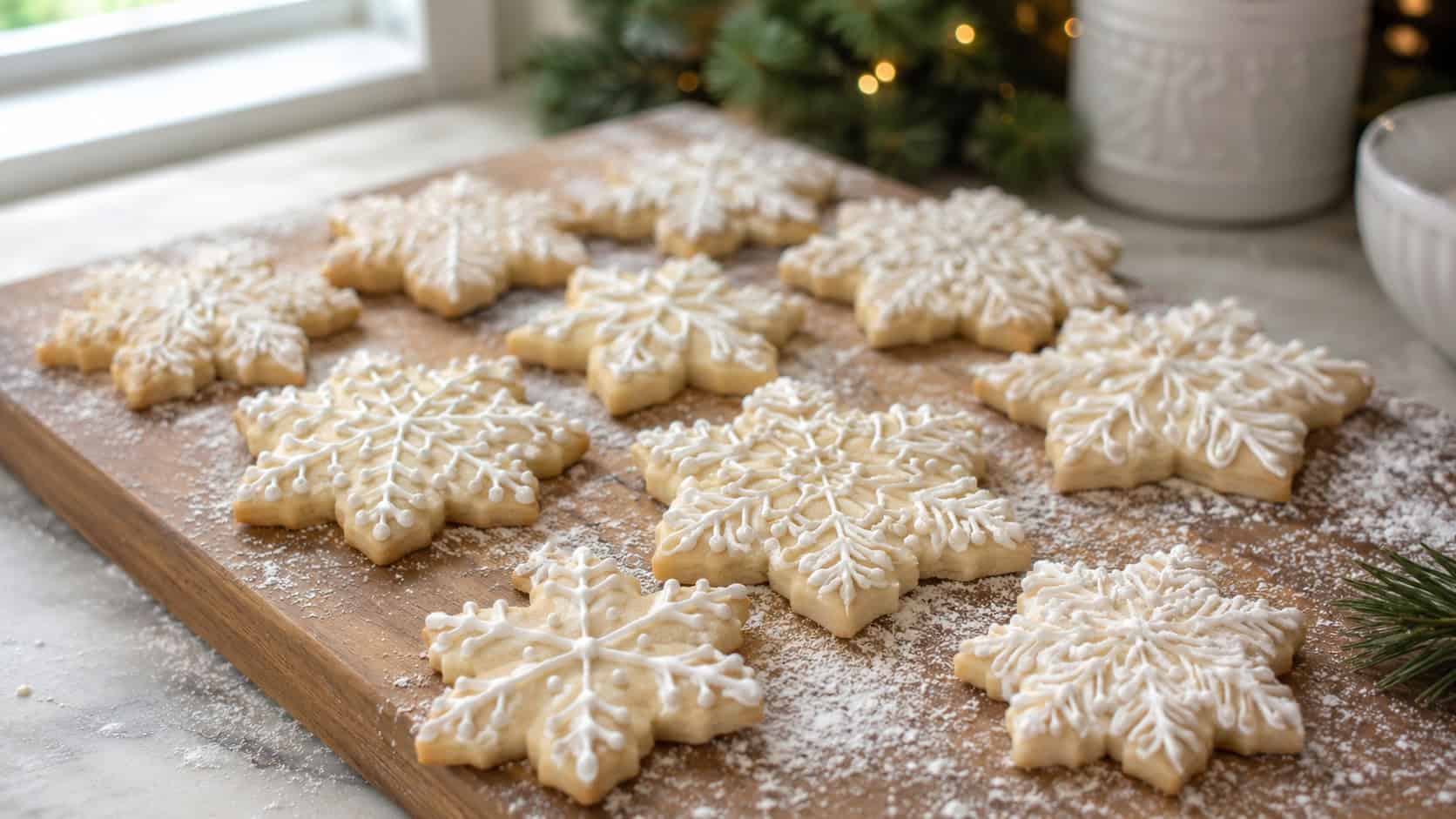 white-iced snowflake sugar cookies with intricate piped patterns in a wide horizontal shot, arranged on a wooden board on a festive kitchen counter with a dusting of powdered sugar, natural light, shallow depth of field, landscape orientation