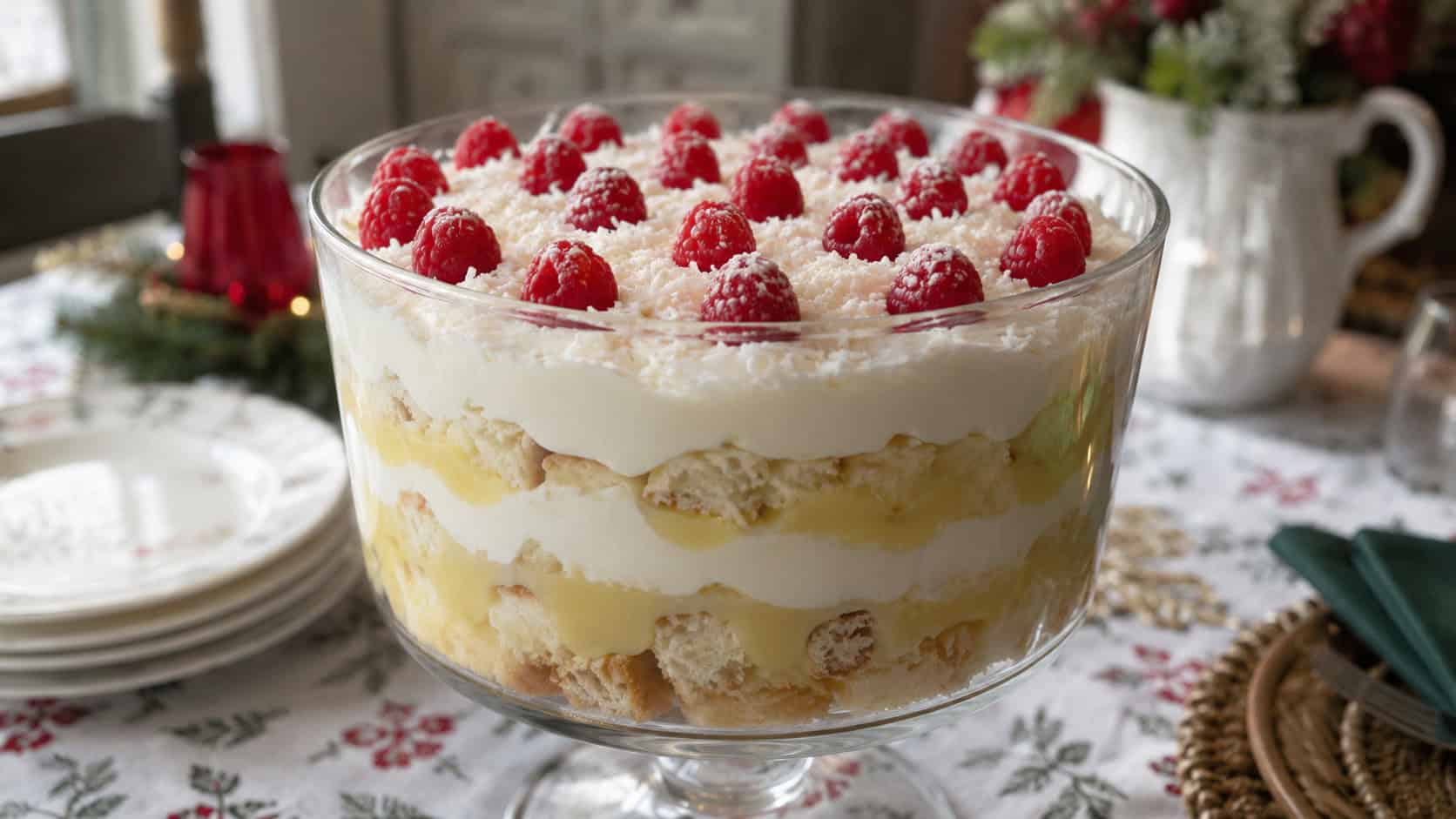 a layered winter trifle in a tall glass bowl showing white cake, custard, and cream layers topped with snowy coconut and red raspberries in a wide horizontal shot, on a festive table, natural light, shallow depth of field, landscape orientation