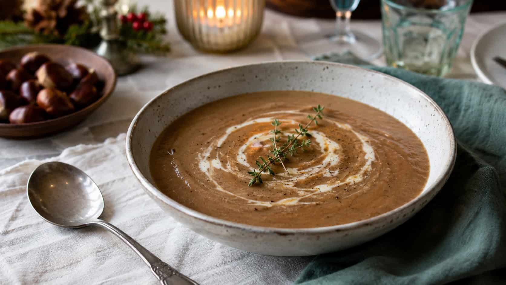 velvety chestnut soup in a shallow bowl with a swirl of cream and a thyme sprig in a wide horizontal shot, rustic spoon and linen alongside on a festive table, natural light, shallow depth of field, landscape orientation