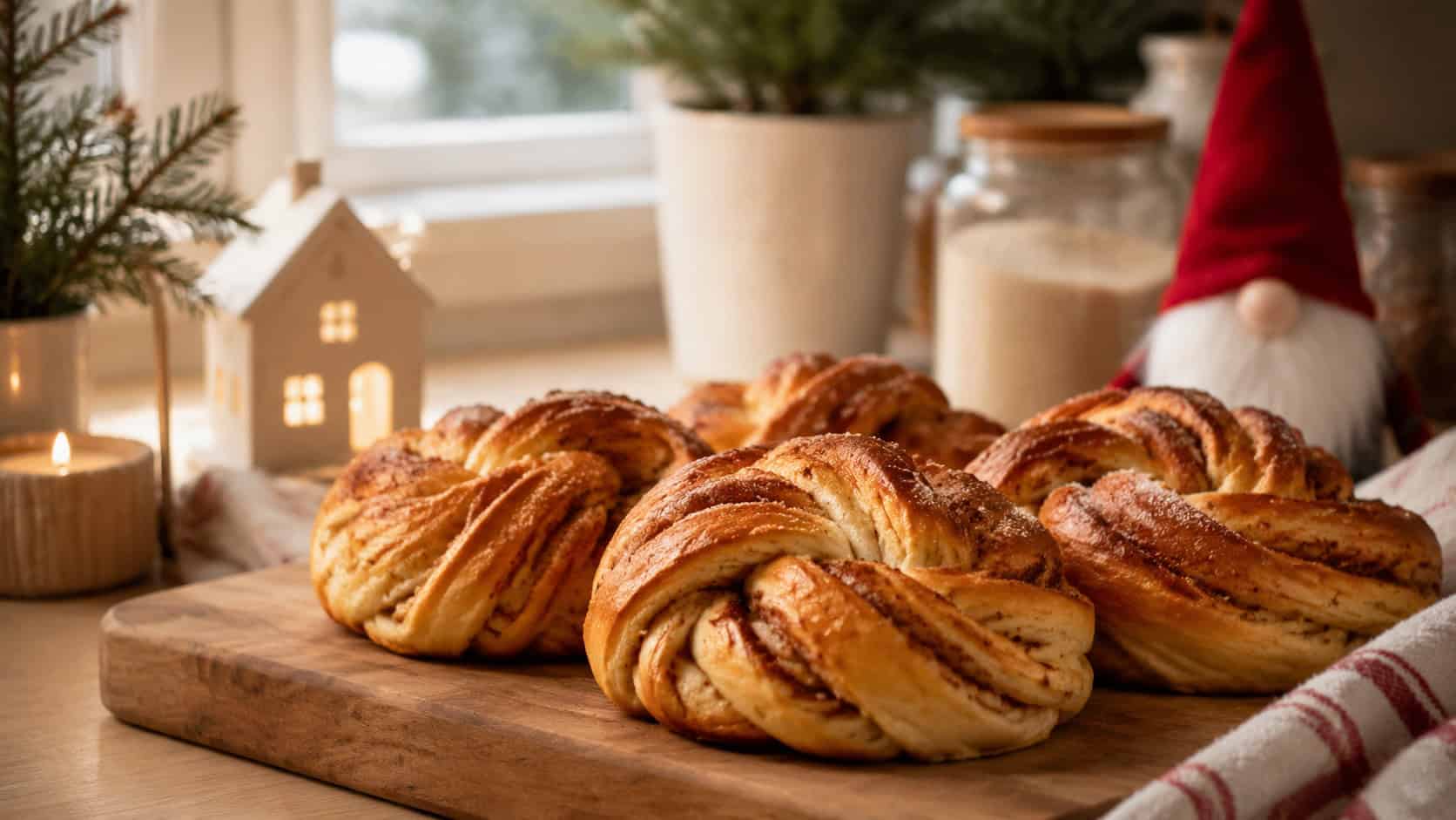 golden twisted Nordic cinnamon buns with visible cinnamon swirls in a wide horizontal shot, on a wooden board on a cozy festive kitchen counter, natural light, shallow depth of field, landscape orientation