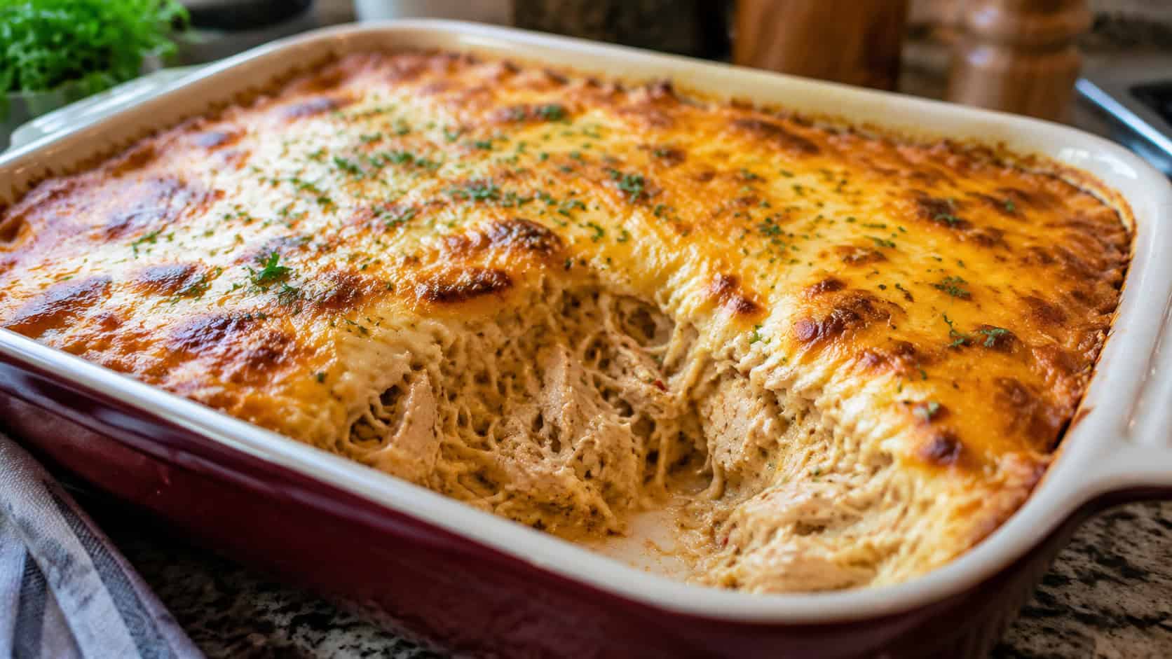 a baked Cajun chicken spaghetti casserole with bubbly golden melted cheese and a scoop pulled out to show the creamy interior, in a wide horizontal shot in a ceramic baking dish on a kitchen counter, natural light, shallow depth of field, landscape orientation