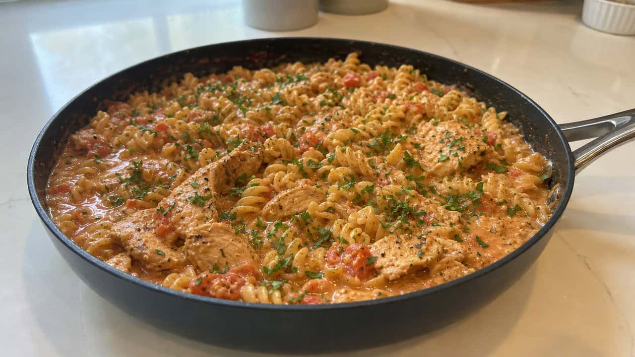 a large skillet of one-pot Cajun chicken rotini in a creamy tomato-flecked sauce, garnished with fresh parsley, in a wide horizontal shot on a white countertop, natural light, shallow depth of field, landscape orientation
