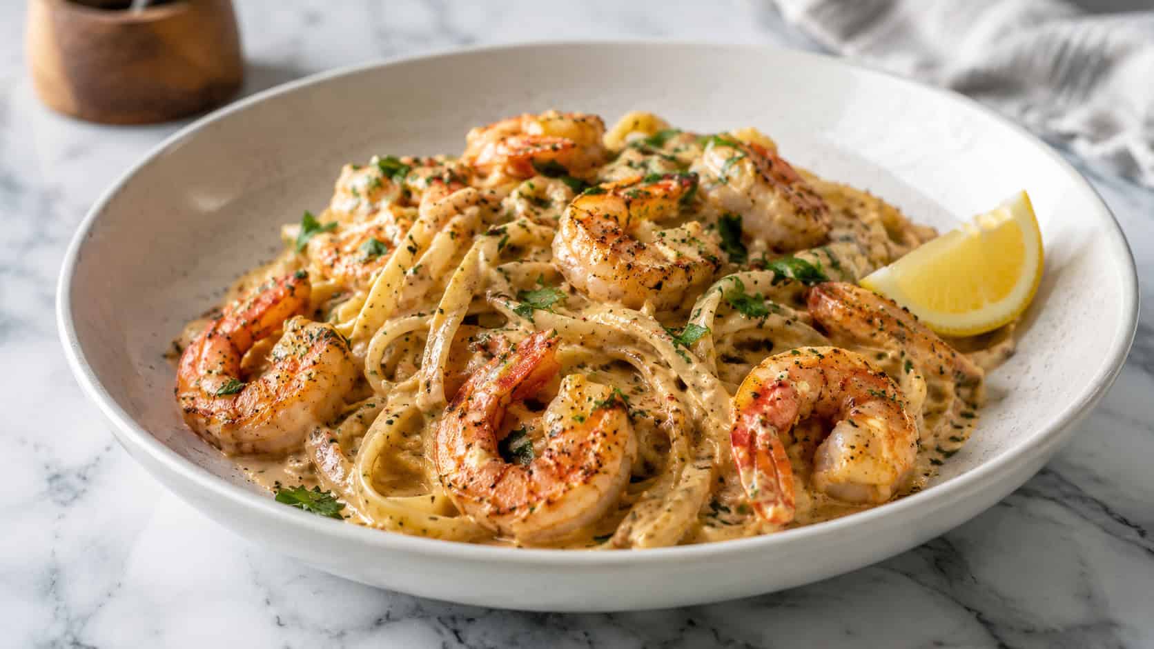 a wide bowl of creamy Cajun shrimp linguine with rosy seasoned shrimp and a glossy cream sauce, scattered with parsley and lemon, in a wide horizontal shot on a marble surface, natural light, shallow depth of field, landscape orientation