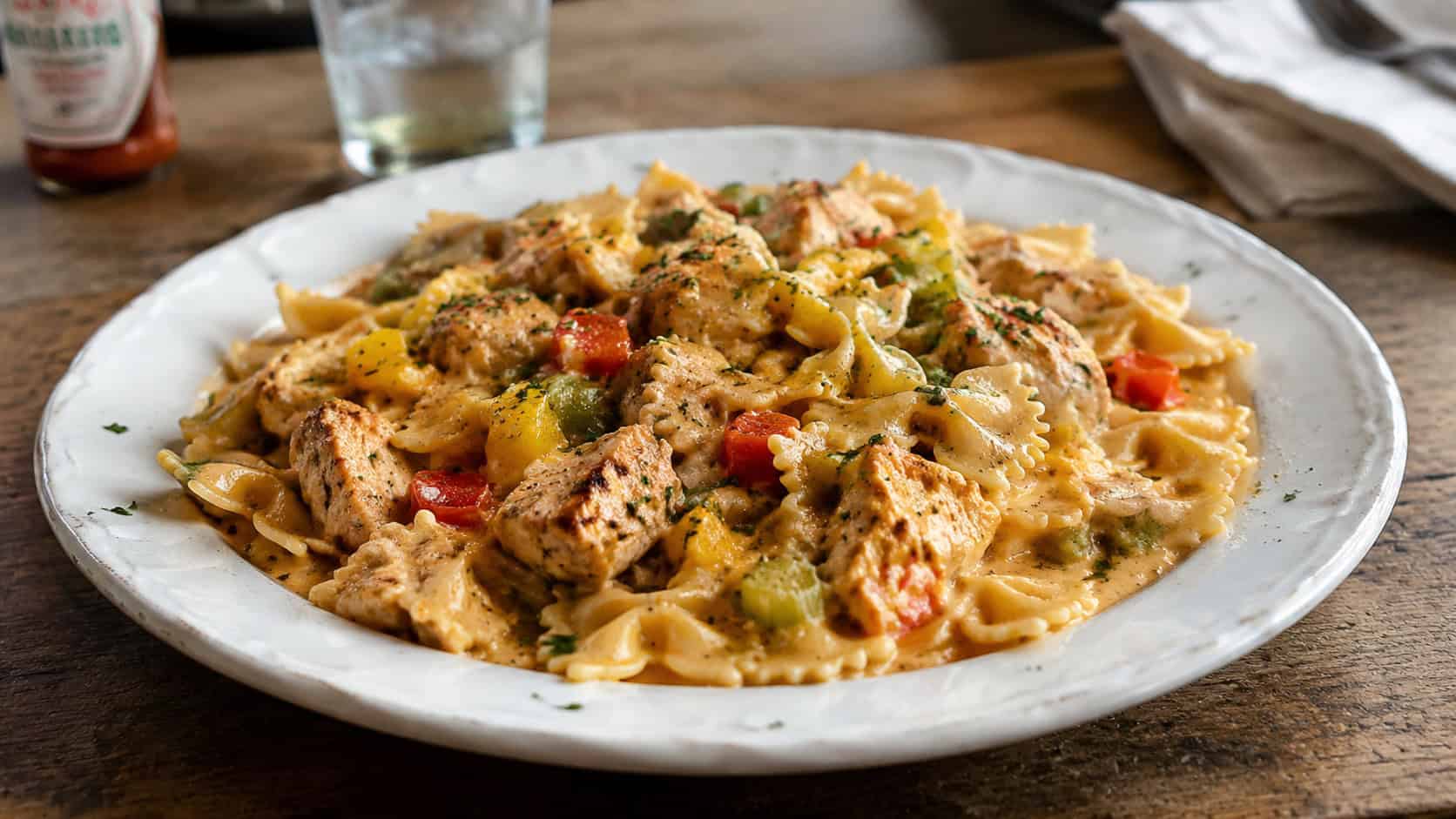 a hearty plate of New Orleans Cajun chicken bowtie pasta studded with colorful bell peppers and celery in a creamy sauce, in a wide horizontal shot on a worn wooden table, natural light, shallow depth of field, landscape orientation