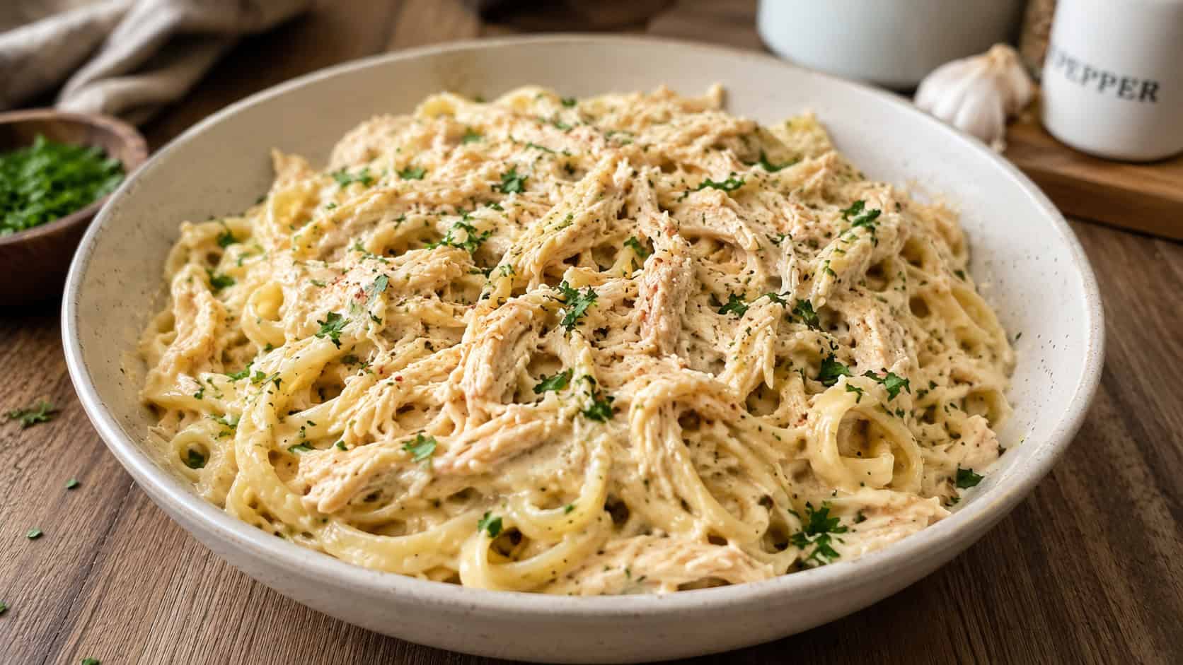 a generous bowl of slow cooker Cajun chicken Alfredo with shredded chicken in a thick creamy sauce over fettuccine, dusted with parsley, in a wide horizontal shot on a cozy kitchen table, natural light, shallow depth of field, landscape orientation