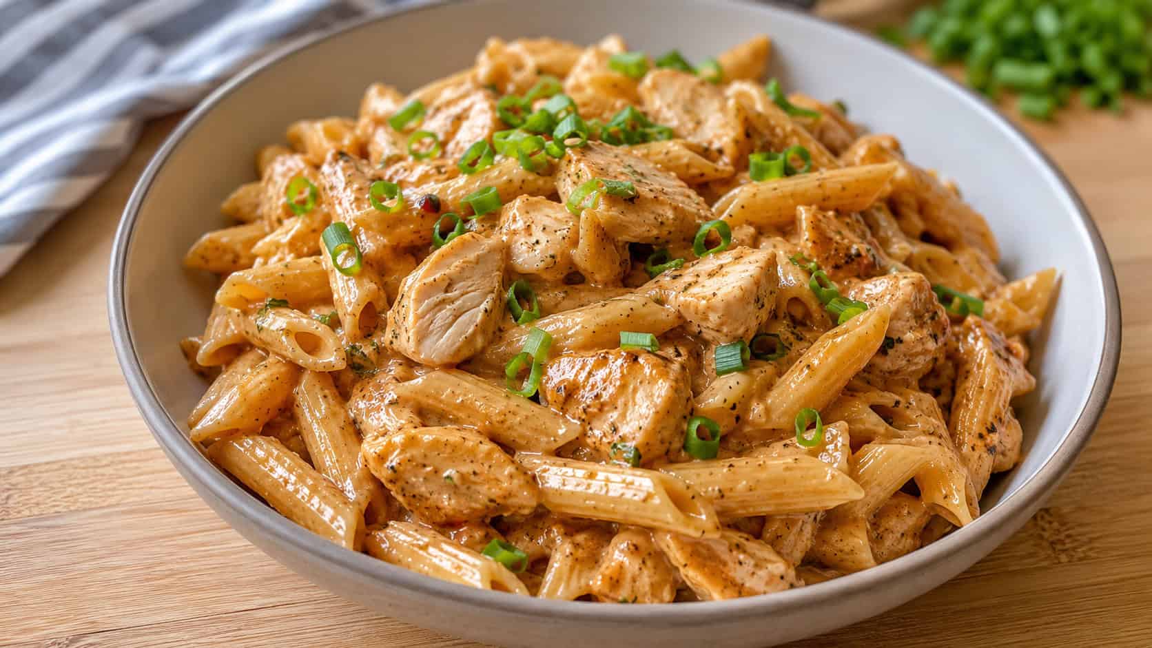 a bowl of creamy Instant Pot Cajun chicken penne with a speckled spicy sauce and tender chicken, topped with chopped scallions, in a wide horizontal shot on a light wooden board, natural light, shallow depth of field, landscape orientation