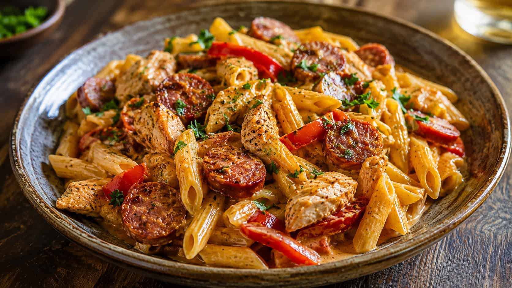 a rustic plate of Cajun chicken and andouille sausage penne with red peppers in a creamy sauce, garnished with parsley, in a wide horizontal shot on a dark wooden table, natural light, shallow depth of field, landscape orientation