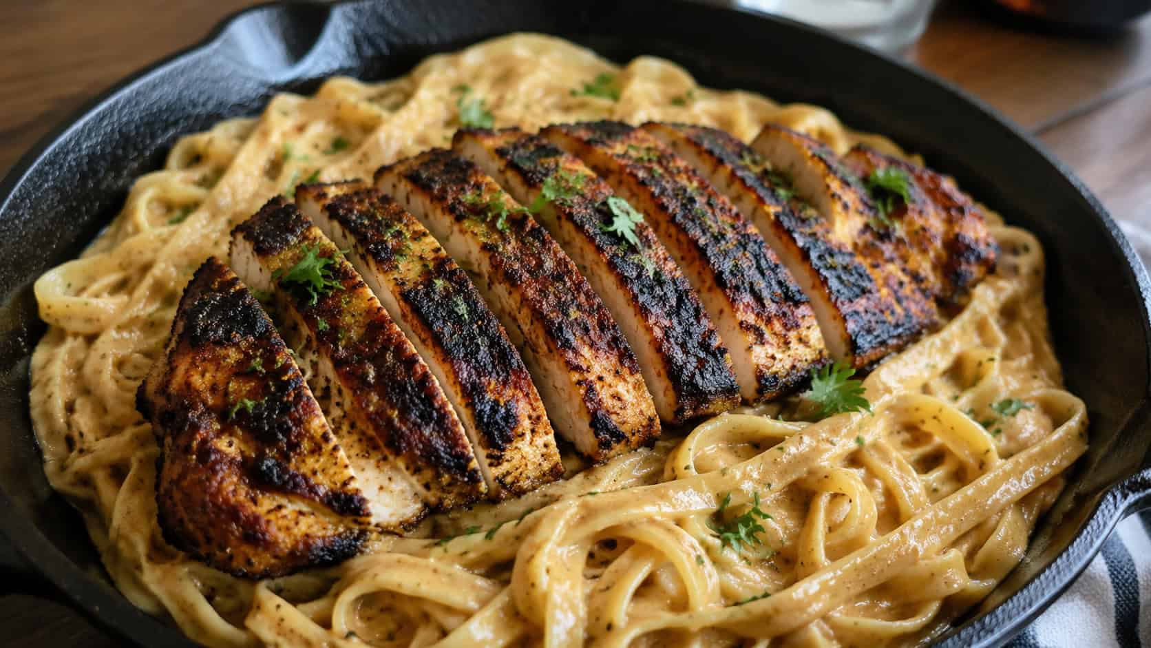 sliced blackened Cajun chicken with a dark charred crust fanned over creamy fettuccine, sprinkled with parsley, in a wide horizontal shot on a cast-iron pan, natural light, shallow depth of field, landscape orientation