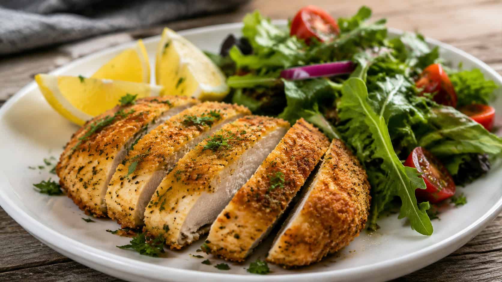 golden lemon herb breaded chicken in a wide horizontal shot, plated with lemon wedges and a bright green salad, scattered with fresh parsley, natural light, shallow depth of field, landscape orientation