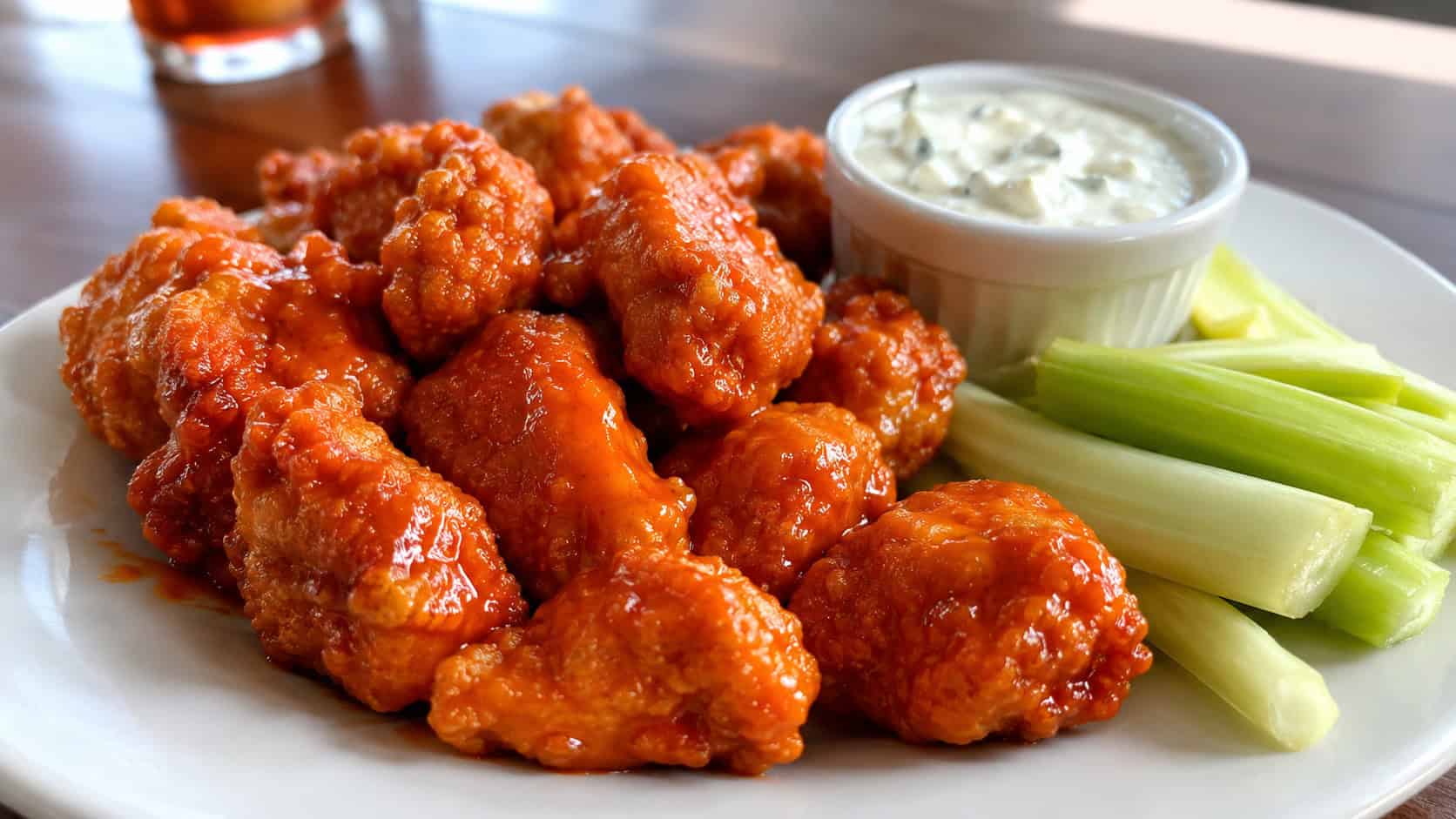 saucy red buffalo breaded chicken bites in a wide horizontal shot, piled on a plate with celery sticks and a ramekin of blue cheese dressing, natural light, shallow depth of field, landscape orientation