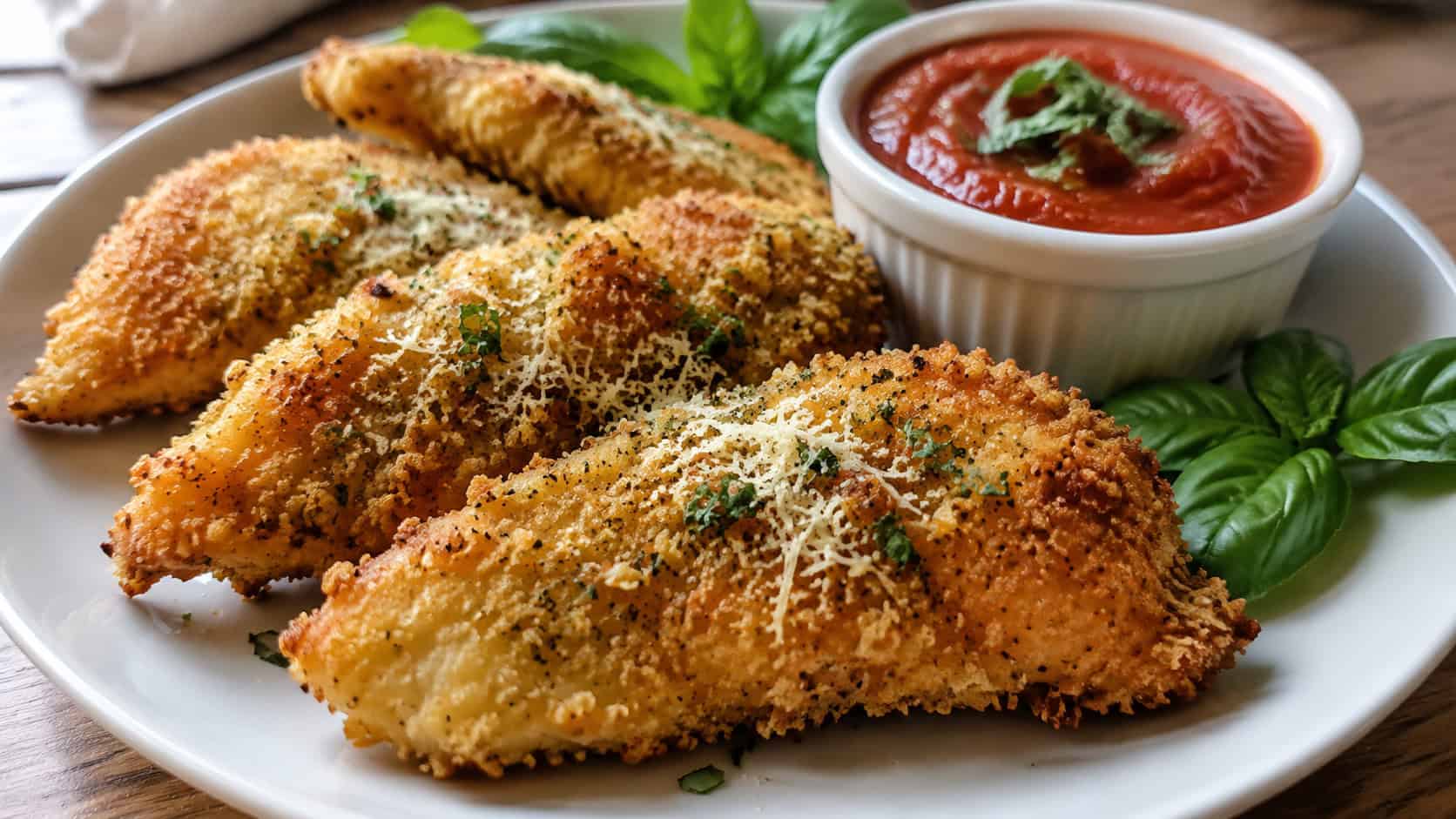 golden parmesan crusted chicken tenders in a wide horizontal shot, arranged on a plate with a ramekin of marinara and fresh basil, natural light, shallow depth of field, landscape orientation
