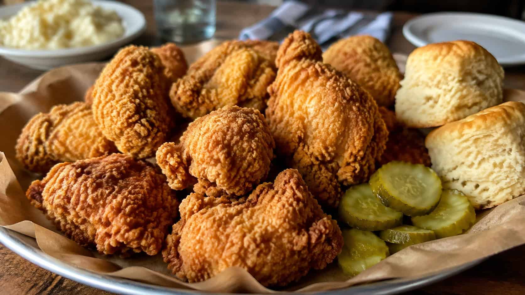 crispy golden buttermilk fried chicken pieces in a wide horizontal shot, piled on a parchment-lined platter with biscuits and pickles, natural light, shallow depth of field, landscape orientation