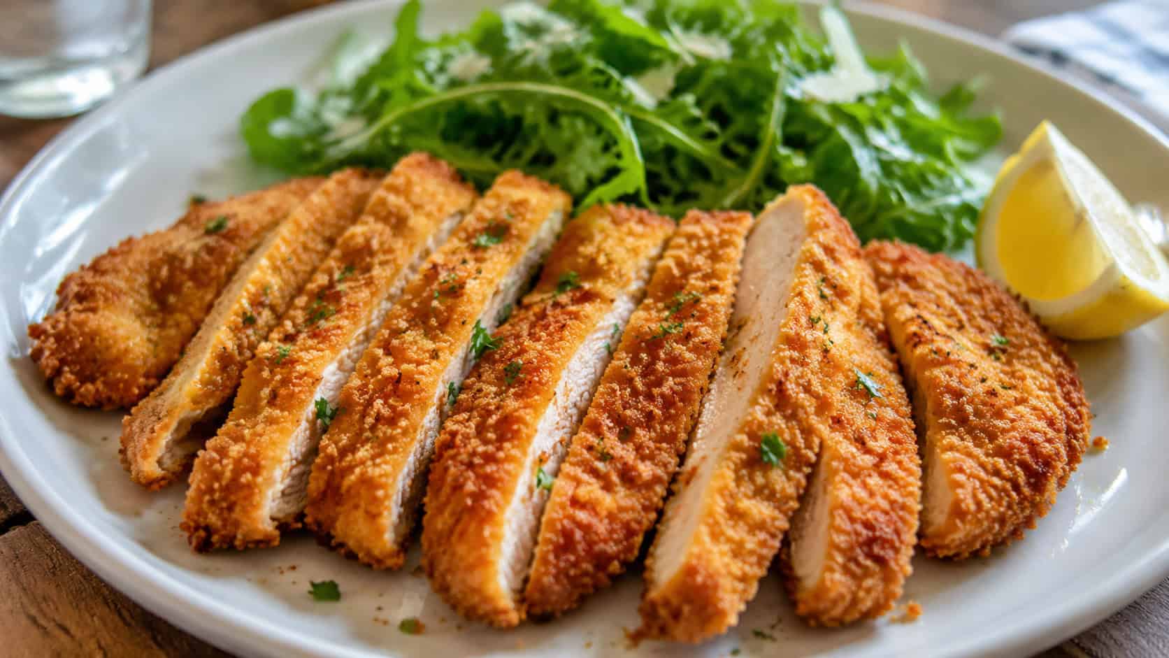 crispy golden chicken cutlets in a wide horizontal shot, fanned across a plate with a lemon wedge and arugula salad, natural light, shallow depth of field, landscape orientation