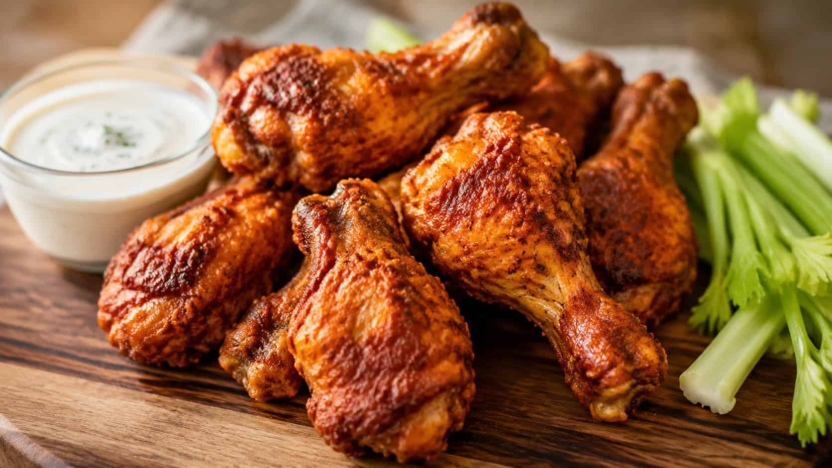 spicy reddish-golden breaded drumsticks in a wide horizontal shot, piled on a board with a cooling ranch dip and celery, natural light, shallow depth of field, landscape orientation