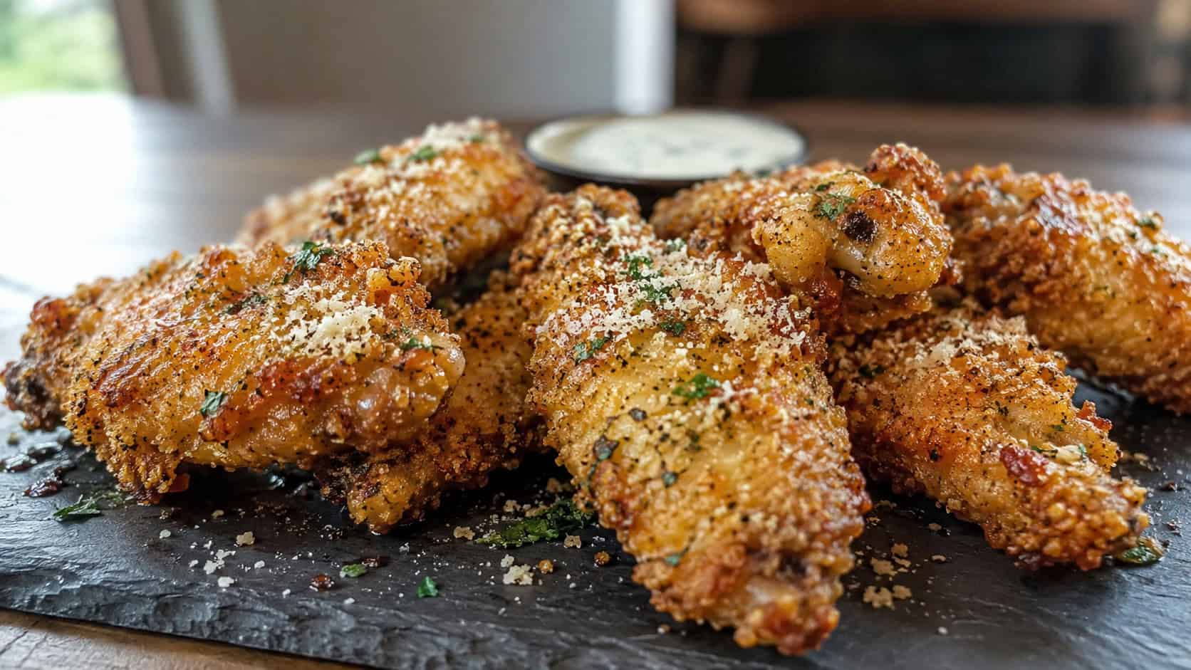 garlic parmesan breaded chicken wings in a wide horizontal shot, glistening and dusted with parmesan and parsley on a slate board, natural light, shallow depth of field, landscape orientation