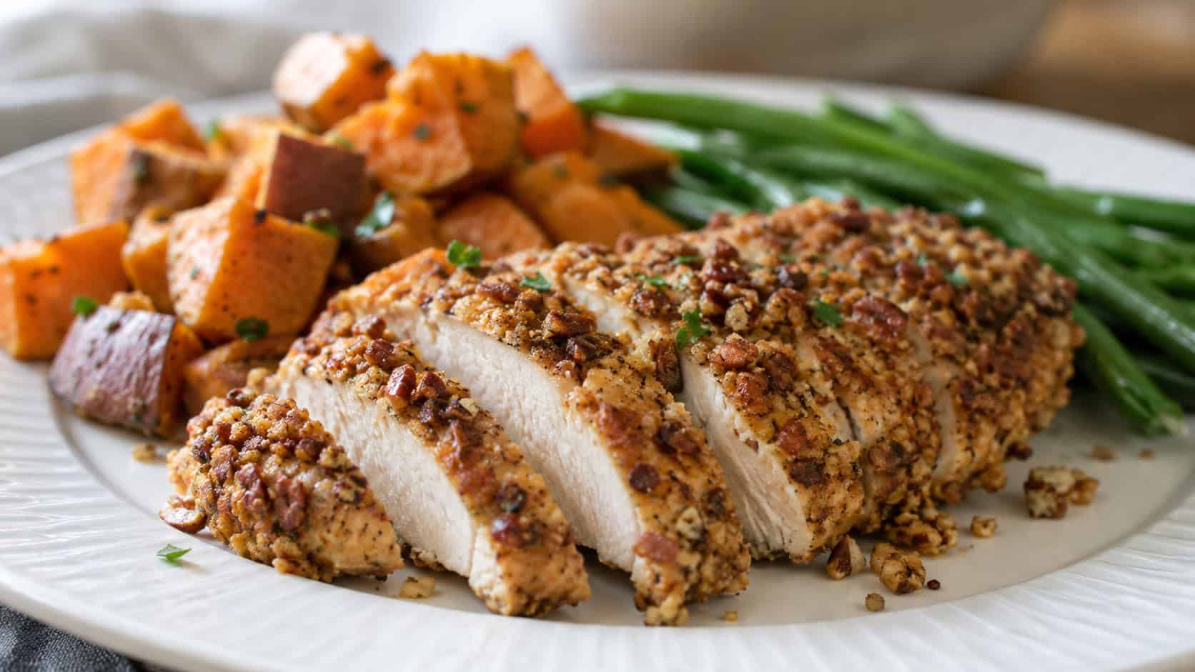 pecan crusted chicken breasts in a wide horizontal shot, sliced to show the juicy center, plated with roasted sweet potatoes and green beans, natural light, shallow depth of field, landscape orientation