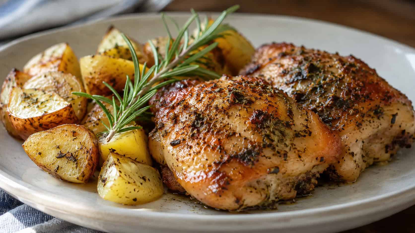 herb-crusted golden chicken thighs in a wide horizontal shot, plated with roasted potatoes and a sprig of rosemary, natural light, shallow depth of field, landscape orientation