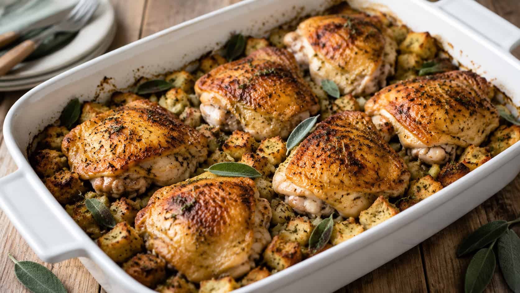 golden herb-roasted chicken thighs nestled over savory bread stuffing in a white ceramic baking dish, wide horizontal shot on a rustic wooden table, scattered fresh sage leaves, natural window light, shallow depth of field, landscape orientation