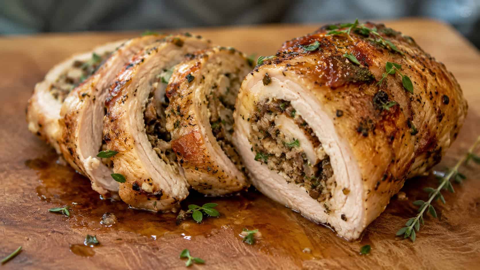 rolled stuffed chicken thighs with golden mushroom herb filling on a wooden board, wide horizontal shot, sliced to show the spiral, thyme garnish, warm natural light, shallow depth of field, landscape orientation