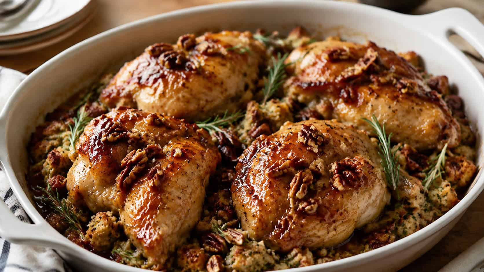 maple-glazed chicken topped with toasted pecans over herbed stuffing in a baking dish, wide horizontal shot, glossy glaze, rosemary garnish, warm natural light, shallow depth of field, landscape orientation