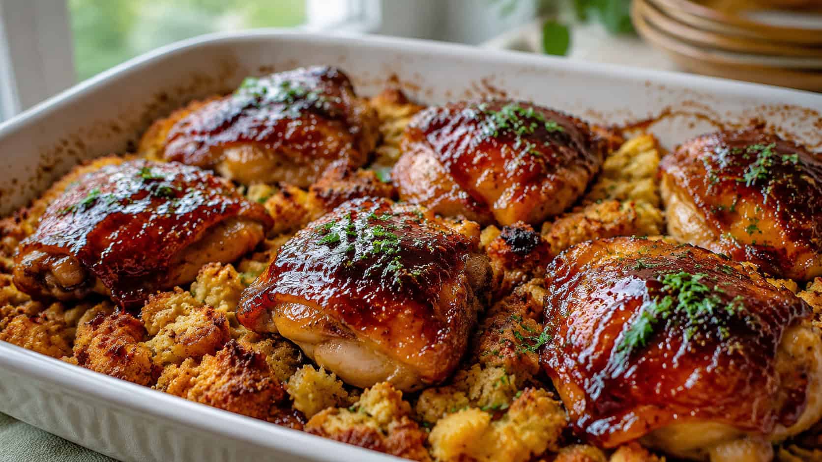 glossy BBQ chicken thighs over golden cornbread stuffing in a baking dish, wide horizontal shot, caramelized sauce edges, parsley garnish, natural light, shallow depth of field, landscape orientation