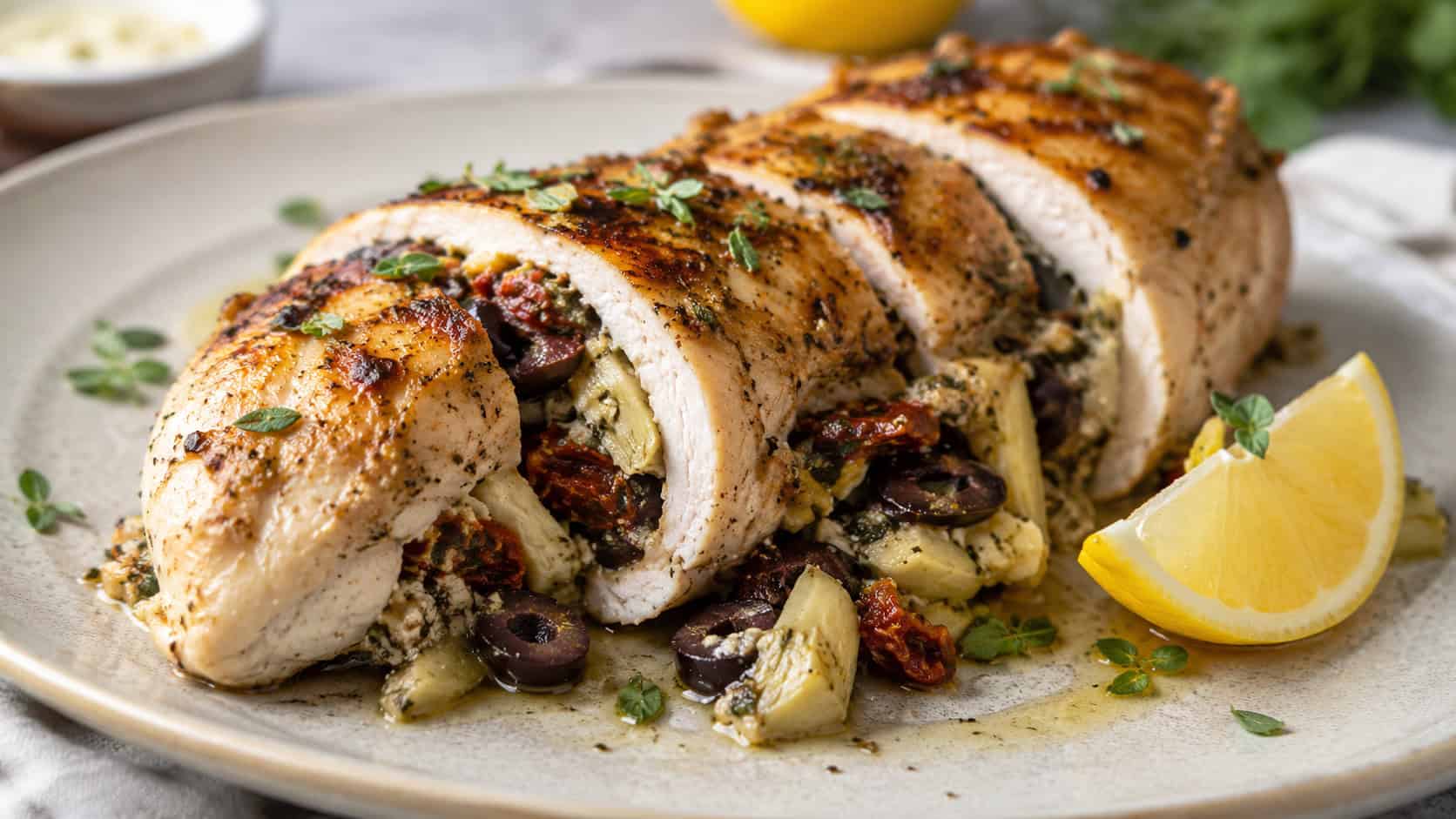 sliced Mediterranean stuffed chicken with olives and artichokes spilling out on a ceramic plate, wide horizontal shot, lemon wedge and oregano garnish, bright natural light, shallow depth of field, landscape orientation