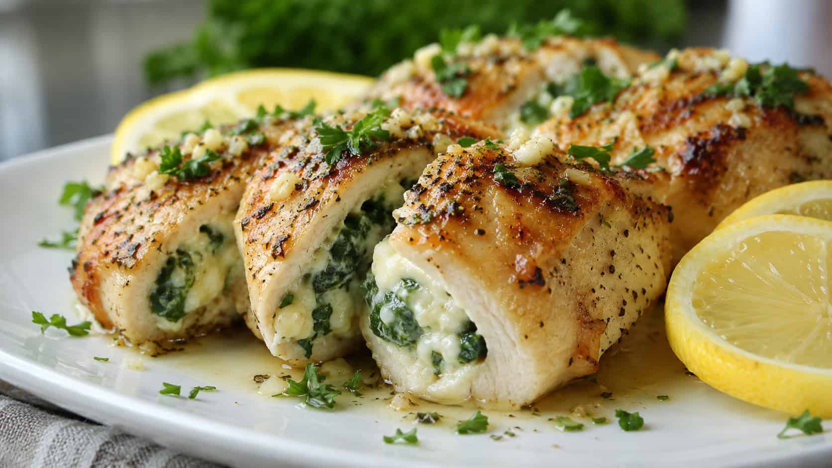 lemon garlic stuffed chicken sliced to reveal creamy spinach cheese center on a white plate, wide horizontal shot, lemon slices and parsley, bright natural light, shallow depth of field, landscape orientation