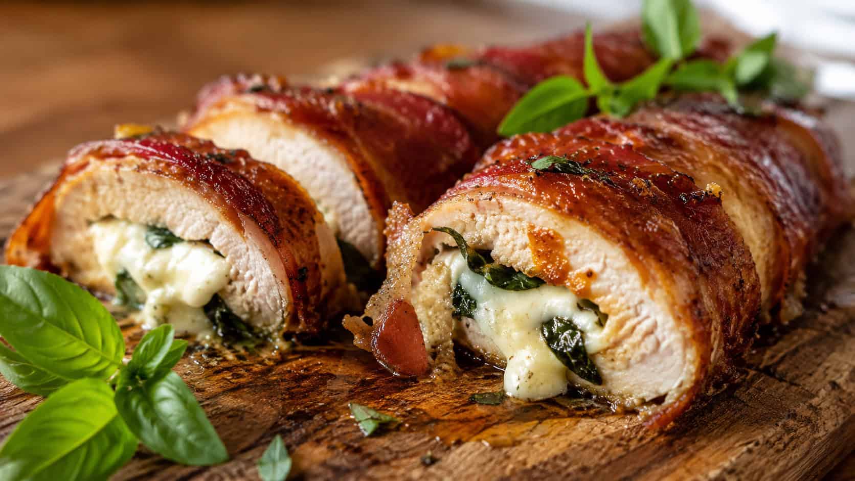 crispy prosciutto-wrapped chicken sliced to show melted mozzarella and basil on a rustic board, wide horizontal shot, golden edges, basil garnish, natural light, shallow depth of field, landscape orientation