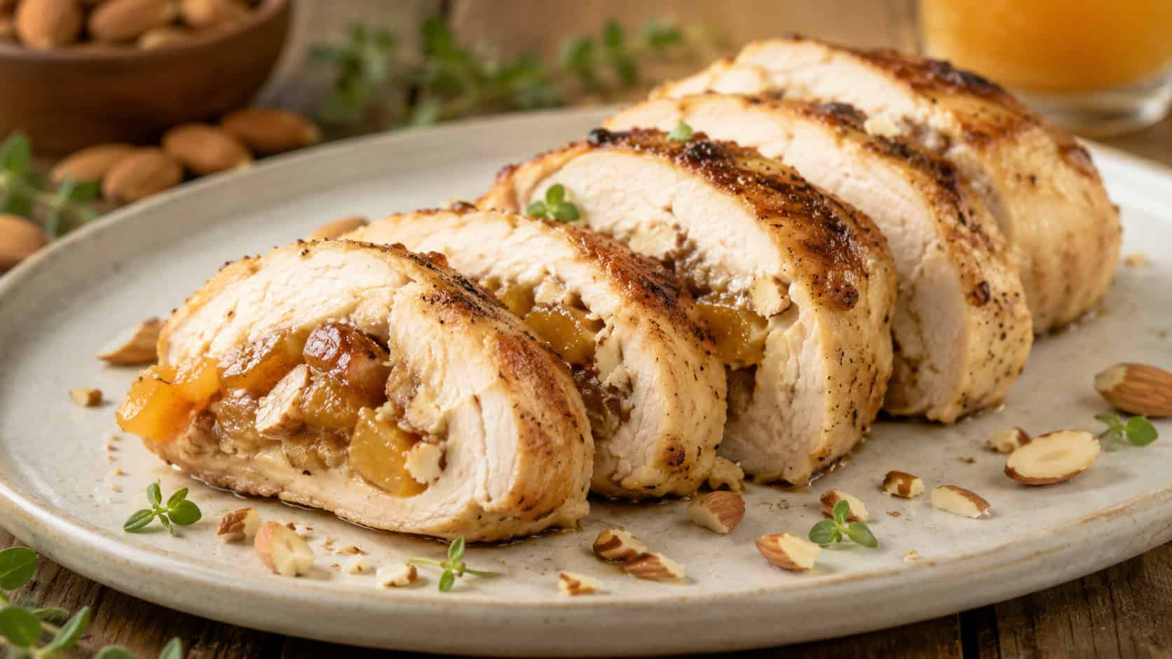 sliced stuffed chicken breast showing golden apricot and almond filling on a ceramic plate, wide horizontal shot, scattered toasted almonds, warm natural light, shallow depth of field, landscape orientation