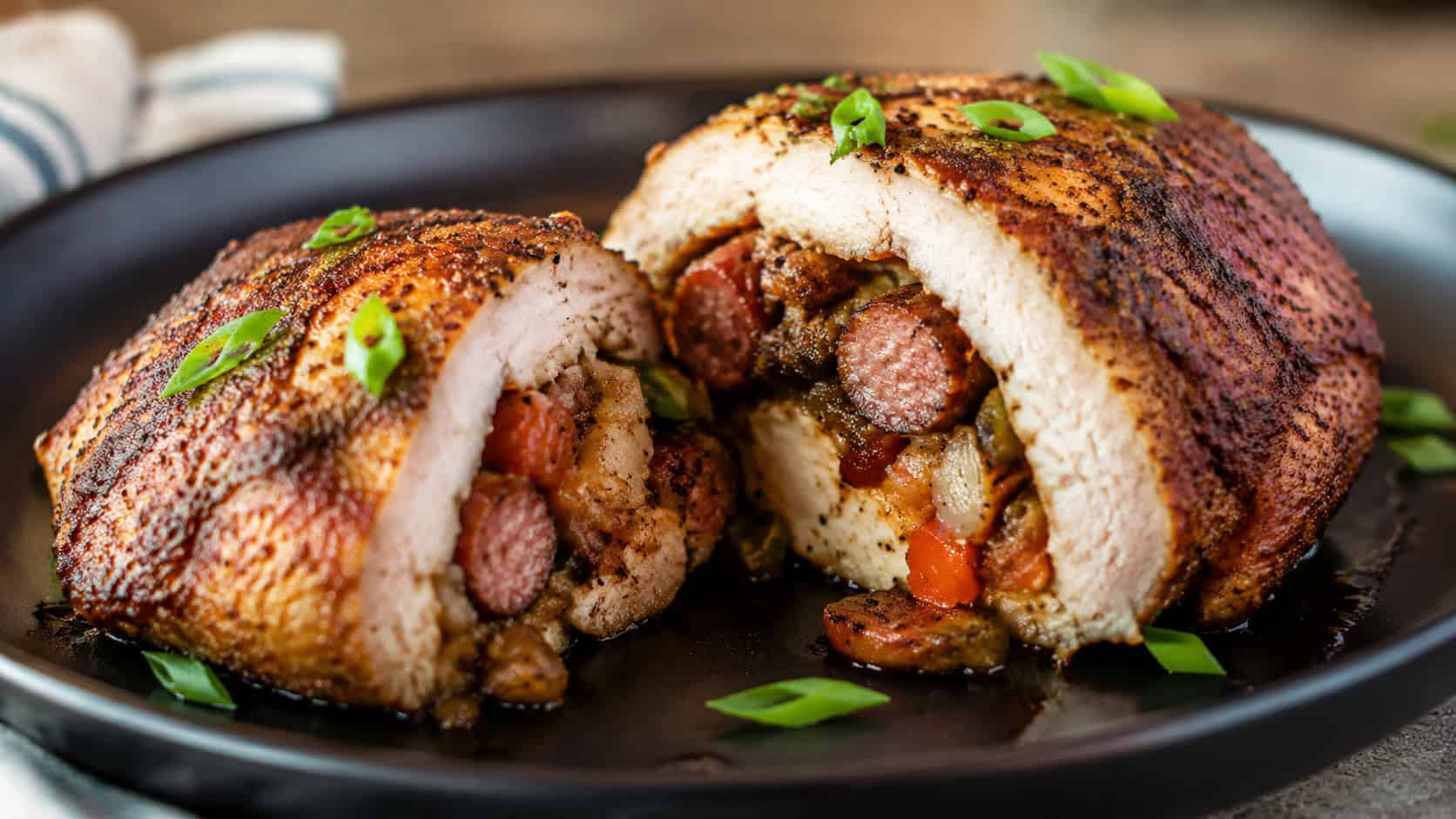 Cajun stuffed chicken sliced to reveal andouille and pepper filling on a dark plate, wide horizontal shot, paprika-dusted crust, scallion garnish, natural light, shallow depth of field, landscape orientation