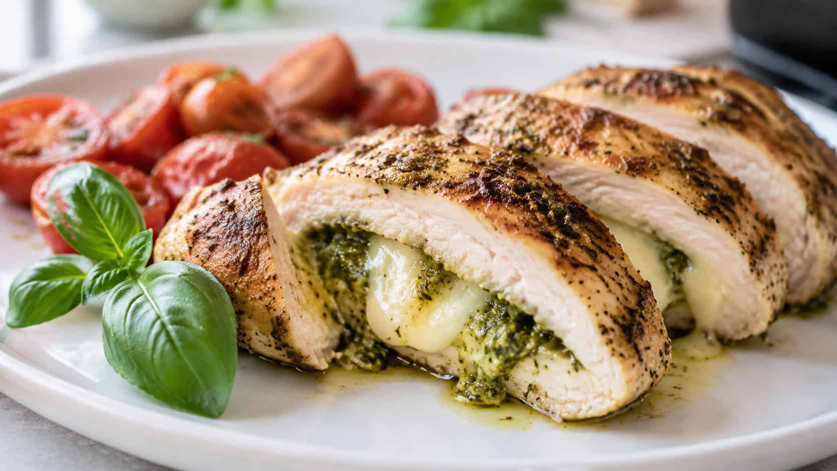 pesto and mozzarella stuffed chicken sliced to show green pesto and melted cheese on a white plate, wide horizontal shot, cherry tomatoes and basil garnish, bright natural light, shallow depth of field, landscape orientation