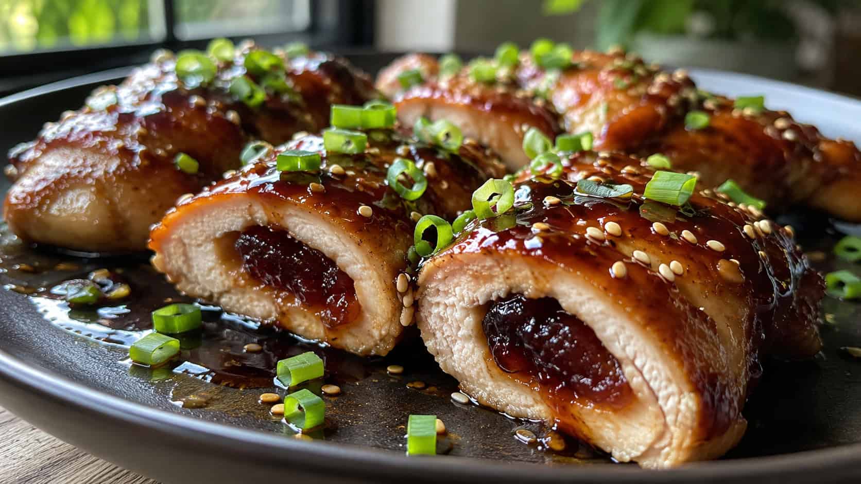 glossy teriyaki glazed chicken sliced to show plum filling on a dark plate, wide horizontal shot, sesame seeds and green onion garnish, natural light, shallow depth of field, landscape orientation