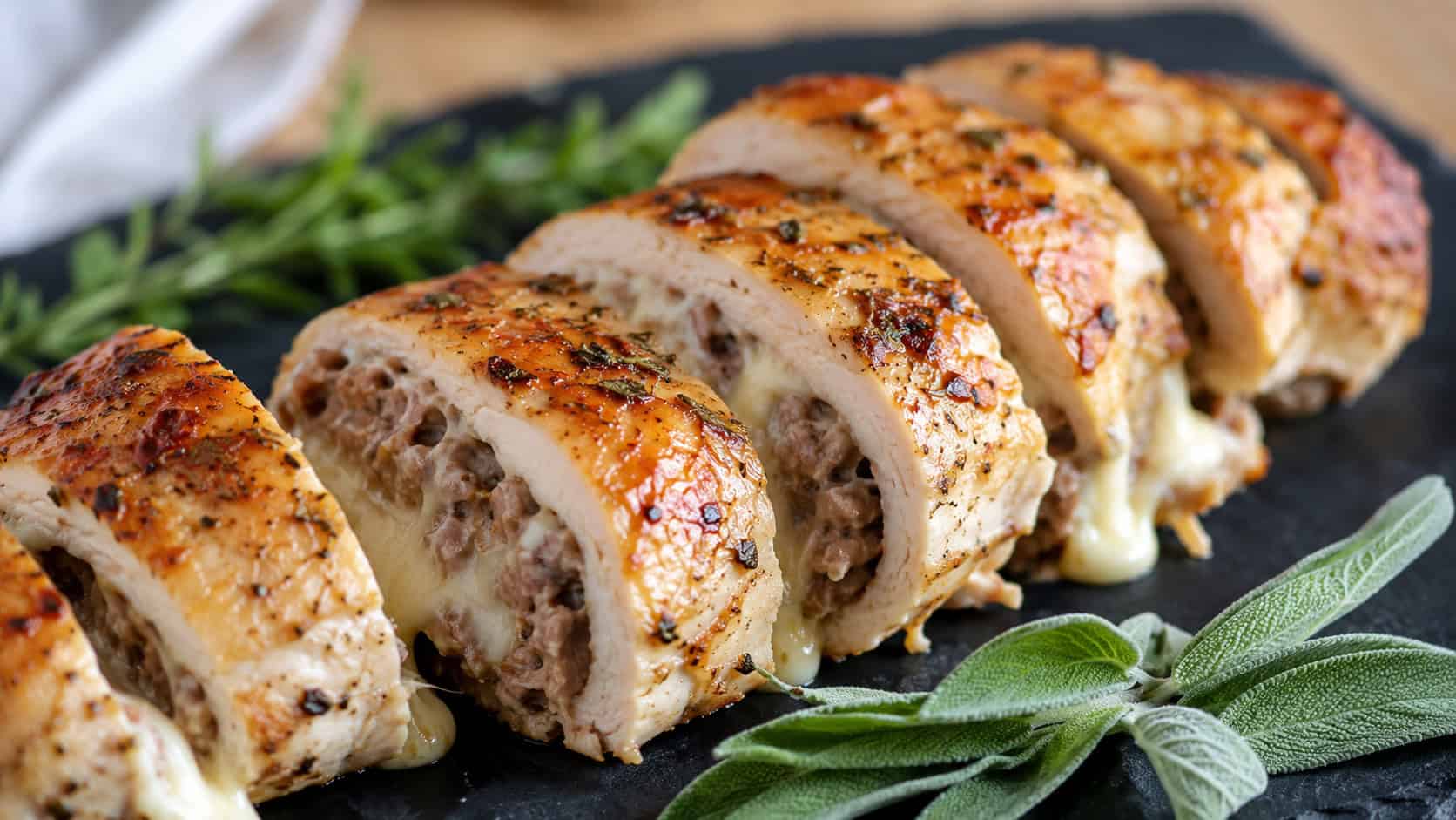 sliced stuffed chicken breast revealing melty cheese and sausage filling on a slate plate, wide horizontal composition, fresh sage garnish, soft natural light, shallow depth of field, landscape orientation