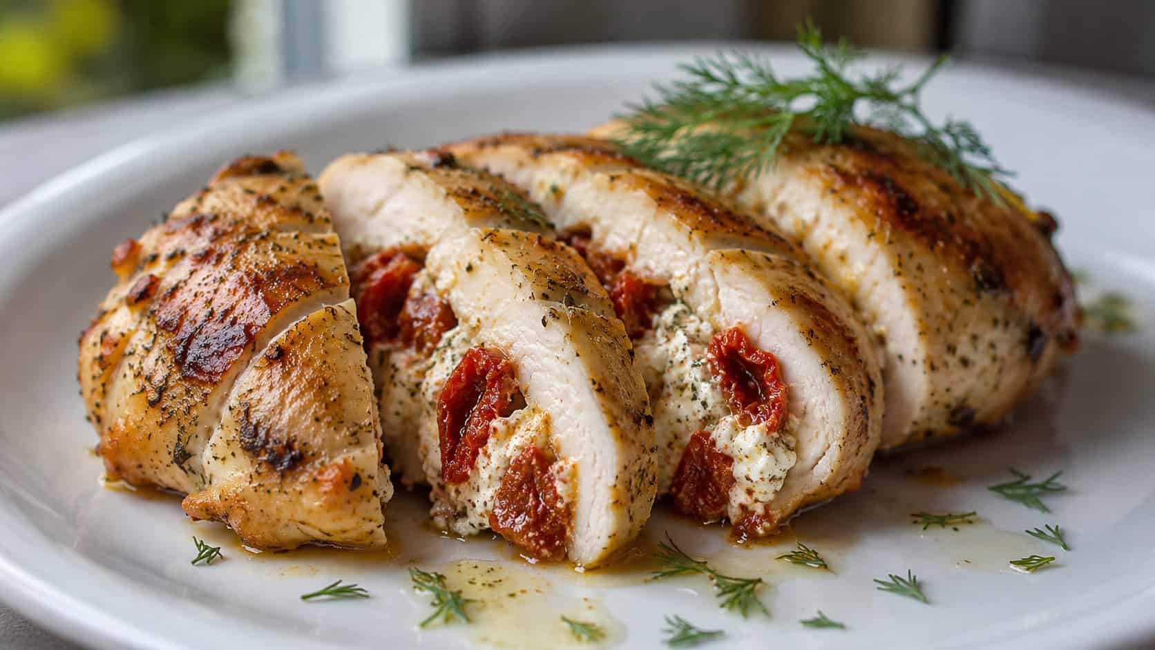 sliced stuffed chicken with creamy yogurt feta and red sun-dried tomato filling on a white plate, wide horizontal shot, fresh dill garnish, bright natural light, shallow depth of field, landscape orientation