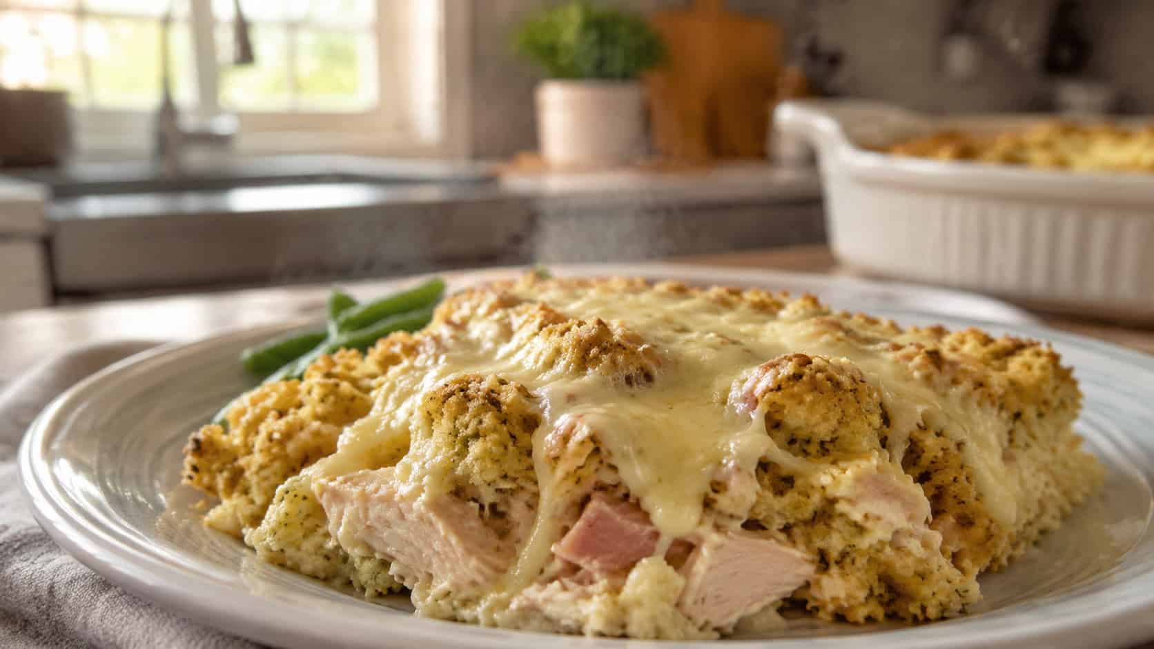 a hearty scoop of chicken cordon bleu casserole with golden stuffing and melted Swiss on a dinner plate, wide horizontal shot, steam rising, cozy kitchen background, natural light, shallow depth of field, landscape orientation