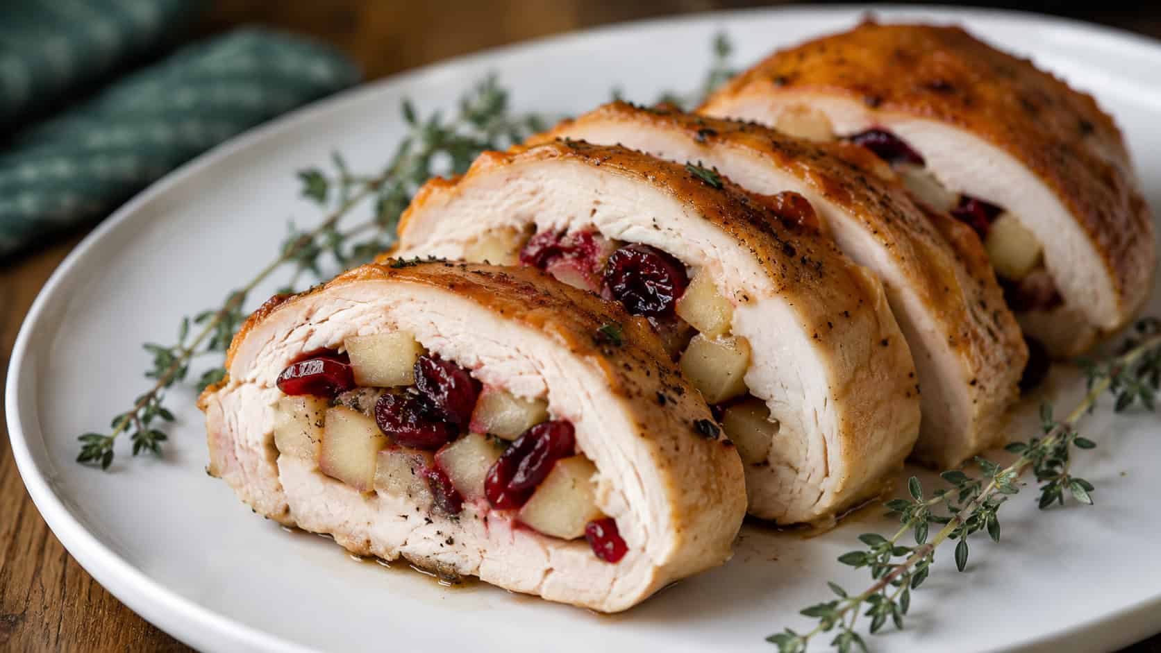 sliced stuffed chicken breast showing apple and ruby cranberry filling on a white plate, wide horizontal composition, fresh thyme sprigs, warm natural light, shallow depth of field, landscape orientation