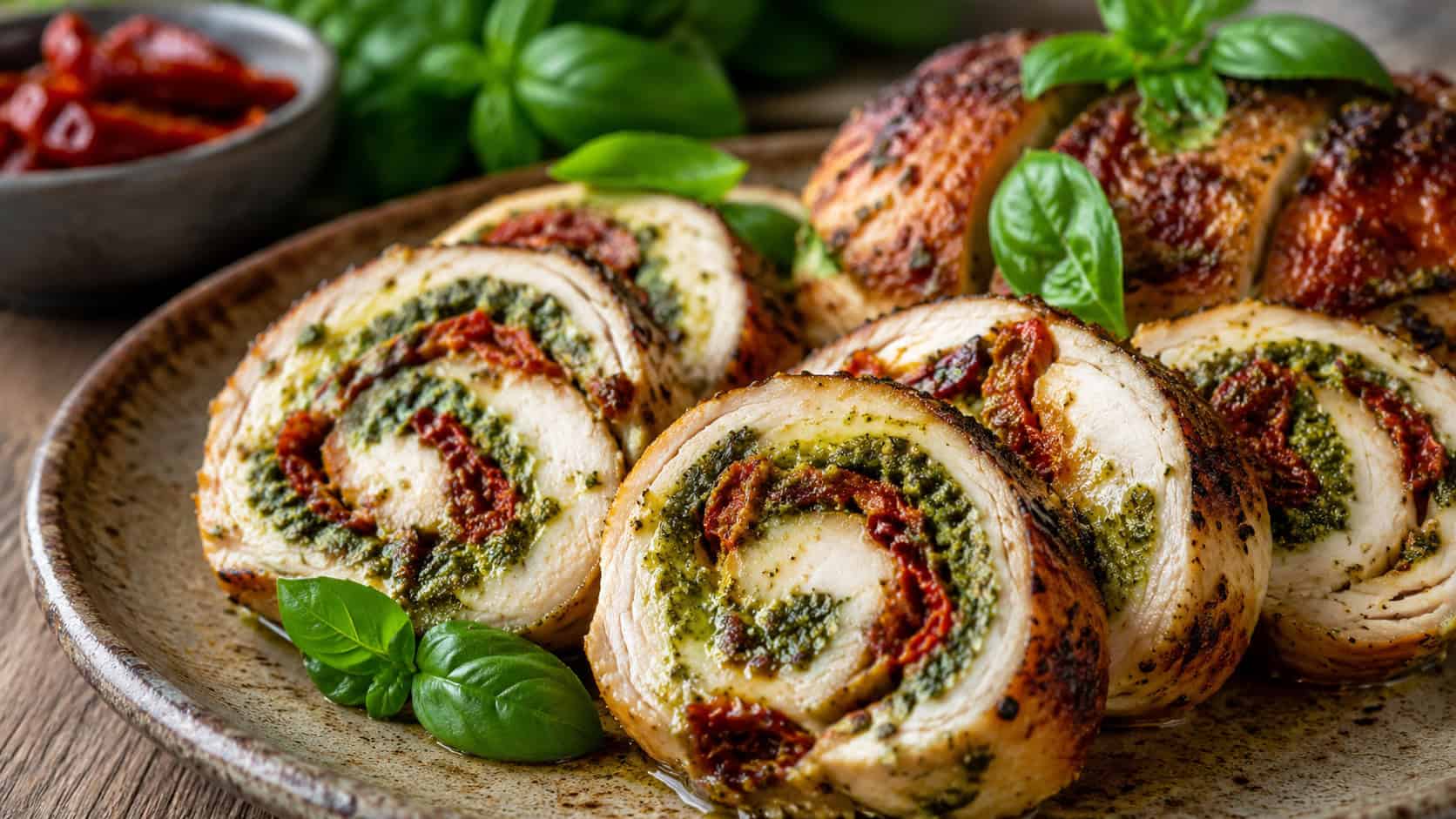 pinwheel slices of pesto and sun-dried tomato stuffed chicken on a rustic plate, wide horizontal shot, vibrant red and green swirls, fresh basil, natural light, shallow depth of field, landscape orientation