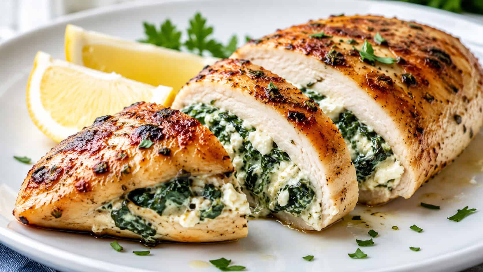 sliced chicken breast revealing creamy spinach and feta filling on a white plate, wide horizontal composition, lemon wedge garnish, bright natural light, shallow depth of field, landscape orientation