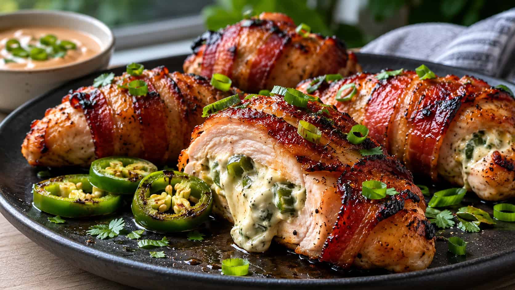 crispy bacon-wrapped chicken with creamy jalapeño filling peeking out, on a dark plate, wide horizontal shot, charred bacon texture, scallion garnish, natural light, shallow depth of field, landscape orientation