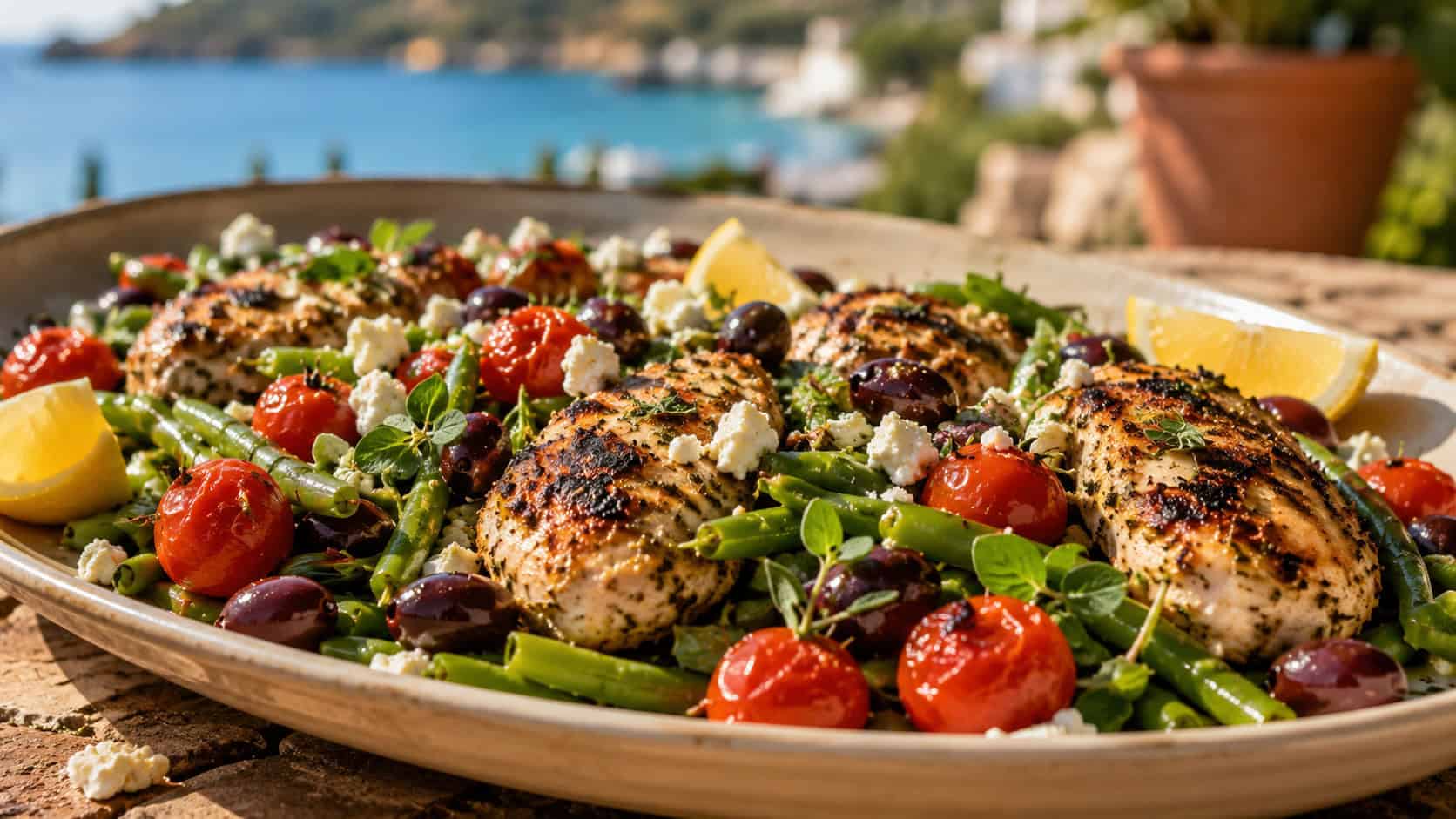 Mediterranean chicken with green beans, cherry tomatoes, and olives on a platter in a wide horizontal shot, crumbled feta and lemon wedges, fresh oregano, bright sunny light, shallow depth of field, landscape orientation