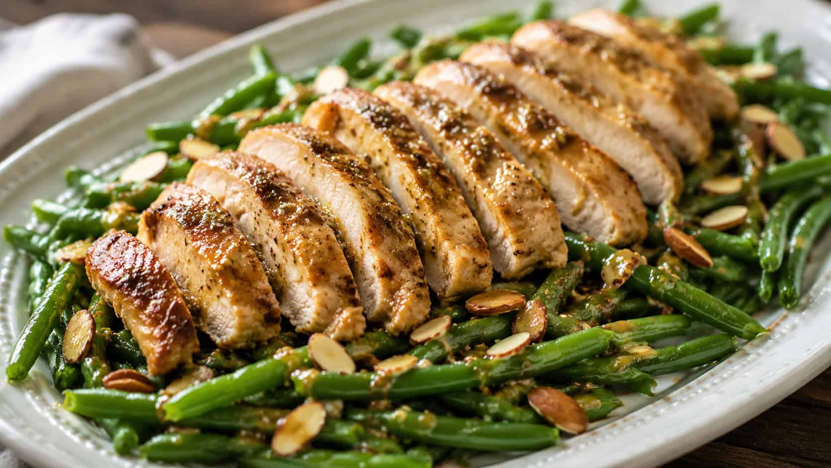 a honey Dijon chicken and green bean salad on a wide platter in a horizontal shot, sliced golden chicken over bright crisp beans, toasted almonds scattered, glossy mustard dressing, fresh natural light, shallow depth of field, landscape orientation
