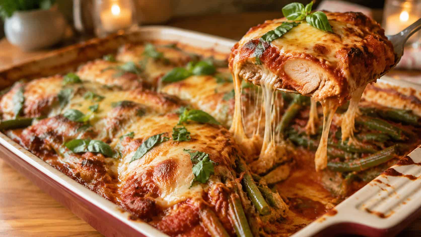 an Italian chicken and green bean bake in a dish in a wide horizontal shot, bubbling marinara, golden melted mozzarella, fresh basil on top, a portion lifted out, warm cozy light, shallow depth of field, landscape orientation